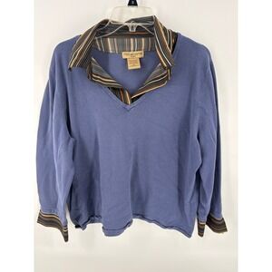 Notations Woman‎ 1X Blue Long Sleeve V-Neck Pullover Sweater Striped Collar